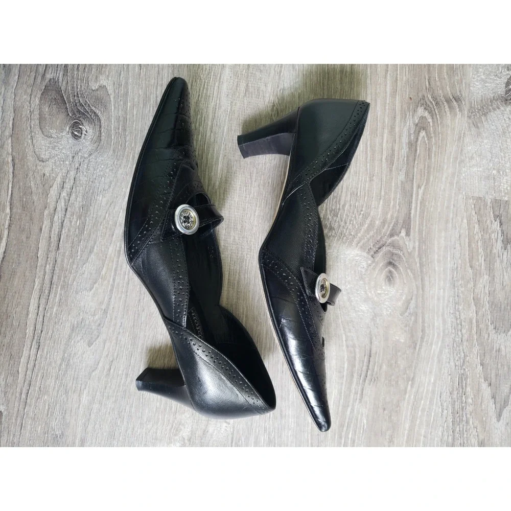 Brighton Trent Sz 7M Heels Black Leather Silver Button Point Toe Shoes Western - Picture 3 of 6